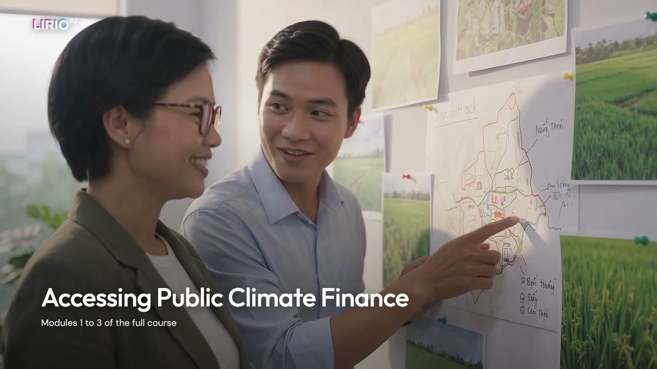 Accessing Public Climate Finance: opening title over a planning meeting