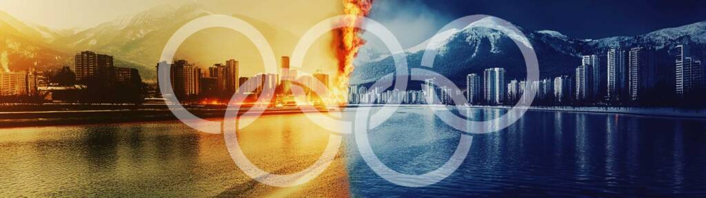 Images of extreme heat and extreme cold temperatures overlaid with Olympic rings